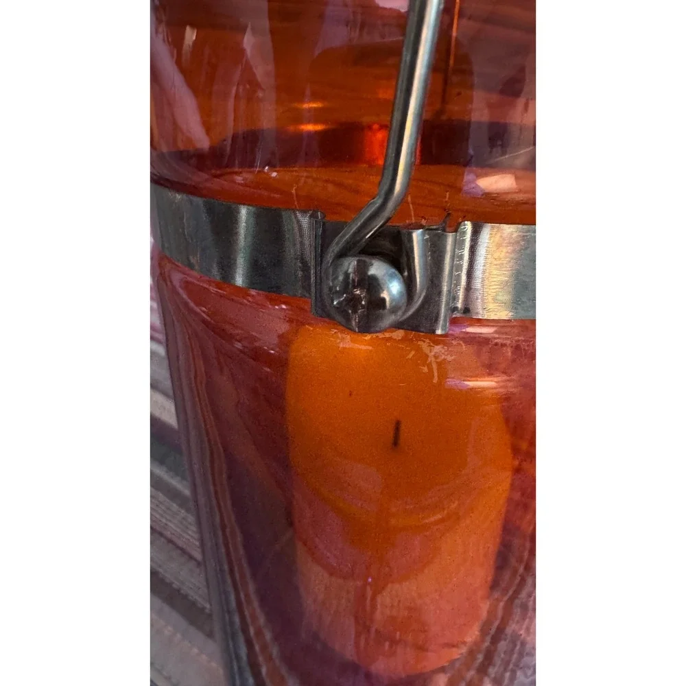 Vtg Orange Painted Glass Lantern Hurricane Candle Holder Metal Handle Gold Toned
